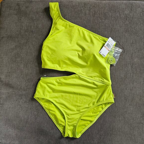 MICHAEL Michael Kors Limeade One Shoulder Side Cutout One Piece Swimsuit Sz 12 - Picture 1 of 9